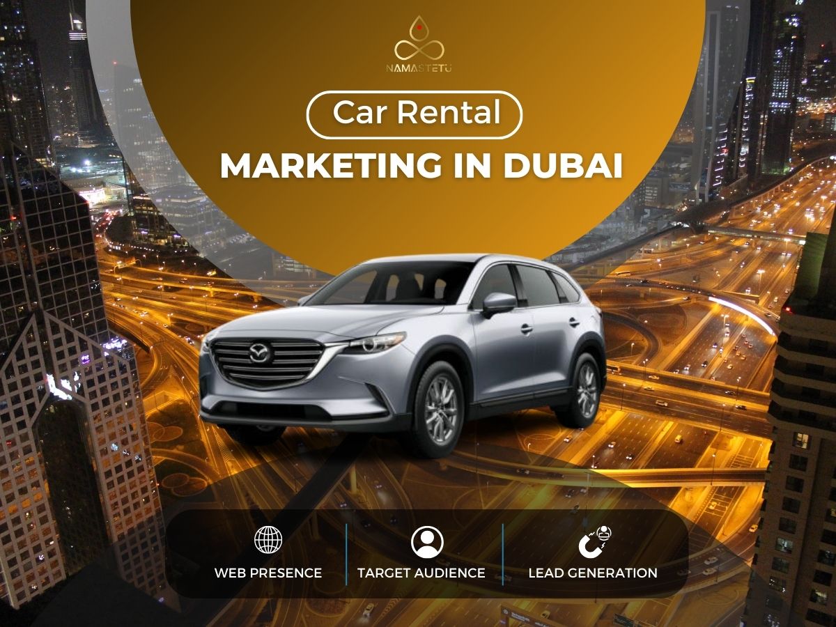 Car rental service in Dubai with a sleek, modern car parked in front of a city skyline.