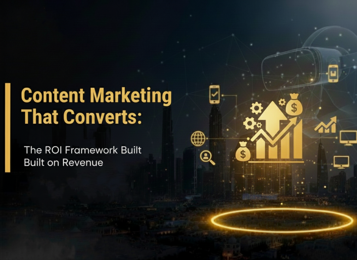 Content Marketing ROI graphic showing revenue-focused analytics and performance metrics for digital growth.