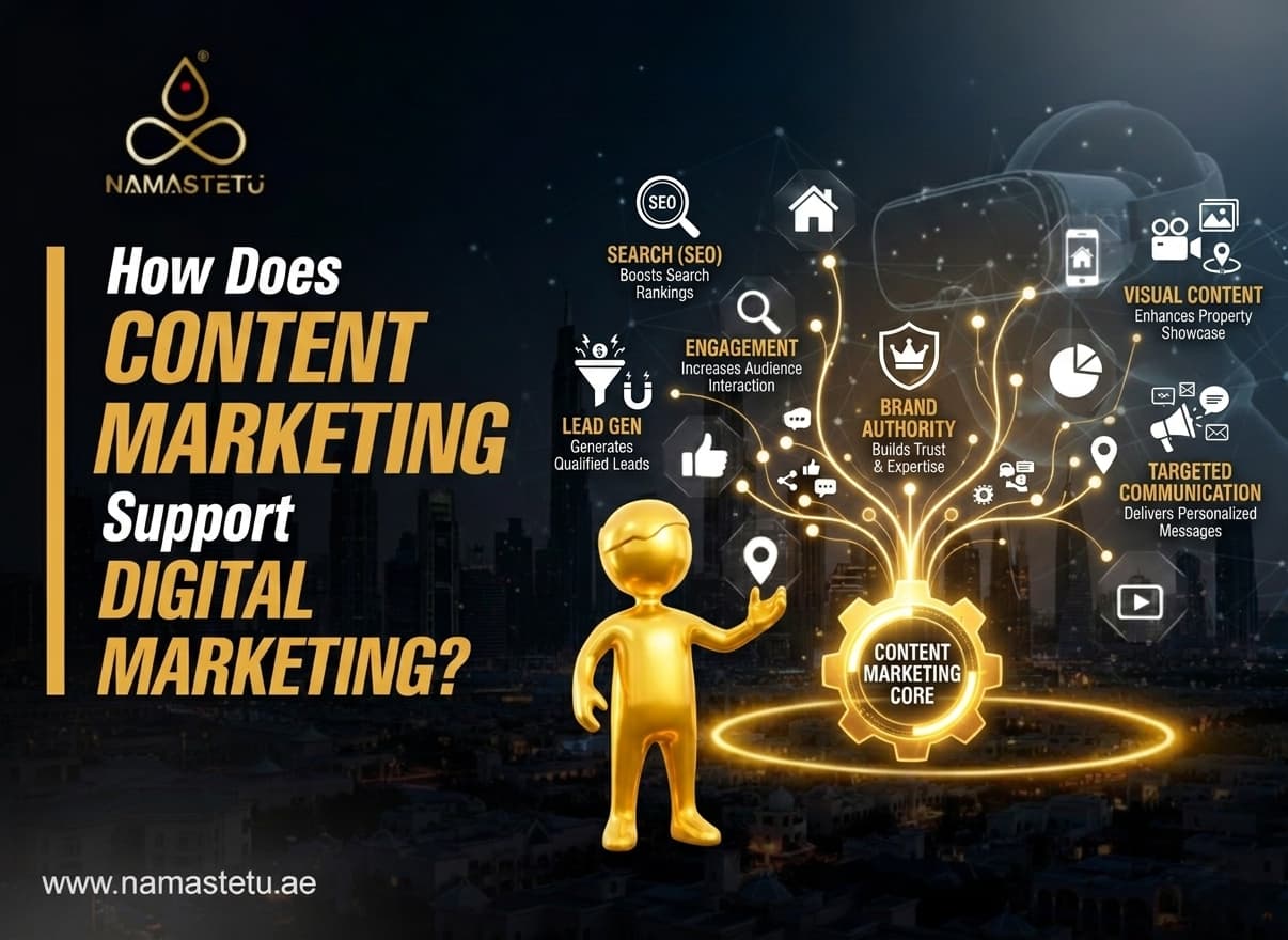 Infographic: how content marketing supports digital channels like SEO, leads, & authority, with a golden character.