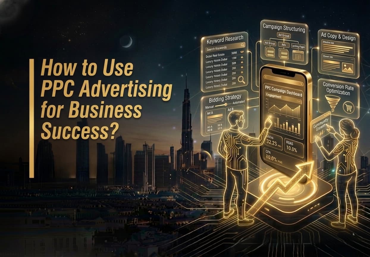 Promotional graphic with the headline ‘How to Use PPC Advertising for Business Success?’ displayed over a futuristic city skyline. The image features glowing digital marketing interface panels showing keyword research, bidding strategy, campaign structuring, ad copy and design, conversion rate optimization, and a PPC campaign dashboard on a smartphone, with two illustrated figures interacting with the analytics and growth charts.
