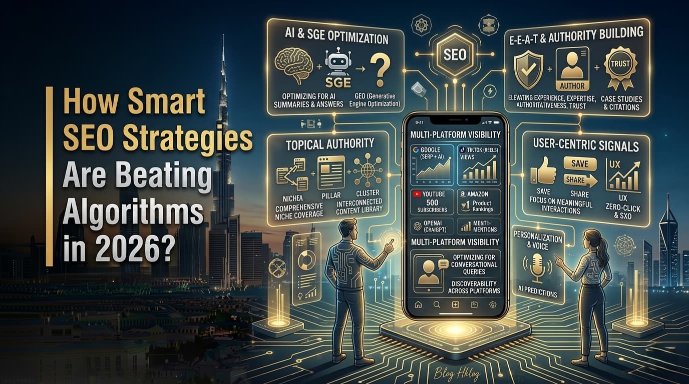 A landscape-oriented digital graphic titled "How Smart SEO Strategies Are Beating Algorithms in 2026?" which adapts the visual style and Dubai skyline backdrop of "Expect-from-a-Digital-Marketing-Agency-in-Dubai.