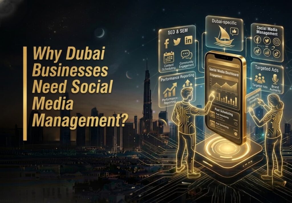Promotional graphic with the headline ‘Why Dubai Businesses Need Social Media Management?’ featuring a futuristic Dubai skyline at night, glowing digital interfaces, and a smartphone displaying a social media dashboard. Floating icons highlight SEO & SEM, social media management, targeted ads, content scheduling, community engagement, performance reporting, and Dubai-specific marketing strategies, emphasizing why Dubai business need social media management.