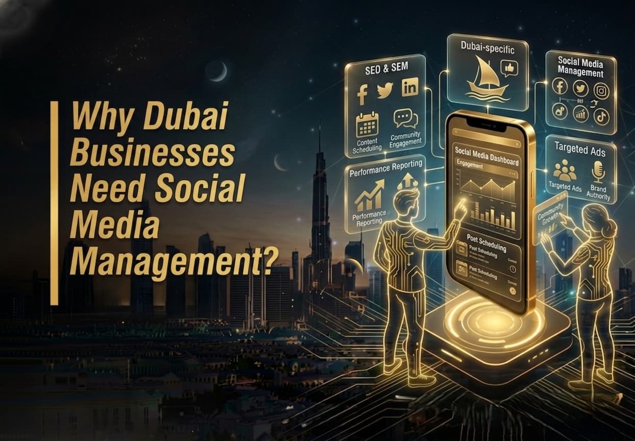 Promotional graphic with the headline ‘Why Dubai Businesses Need Social Media Management?’ featuring a futuristic Dubai skyline at night, glowing digital interfaces, and a smartphone displaying a social media dashboard. Floating icons highlight SEO & SEM, social media management, targeted ads, content scheduling, community engagement, performance reporting, and Dubai-specific marketing strategies, emphasizing why Dubai business need social media management.