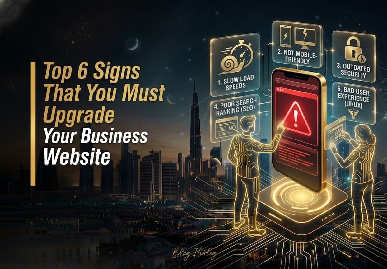 An infographic titled "Top 6 Signs That You Must Upgrade Your Business Website" set against a high-end black and golden Dubai skyline at night. The visual style features 3D semi-realistic characters and glowing golden holographic interfaces.