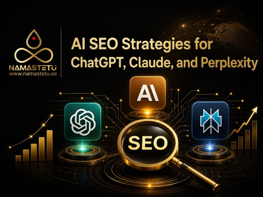 AI SEO strategy illustration showing website optimization for AI search engines including ChatGPT, Claude, and Perplexity to improve visibility, rankings, and organic traffic.