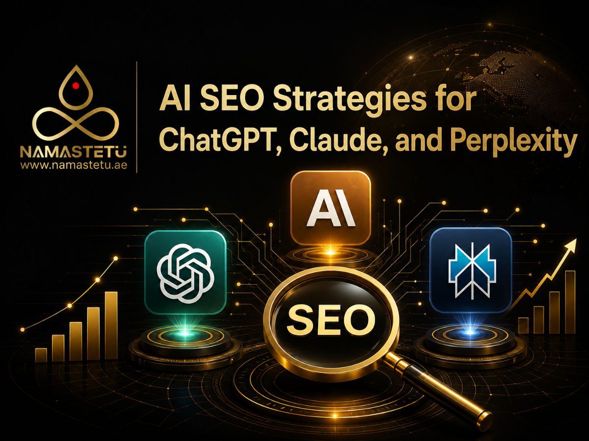 AI SEO strategy illustration showing website optimization for AI search engines including ChatGPT, Claude, and Perplexity to improve visibility, rankings, and organic traffic.