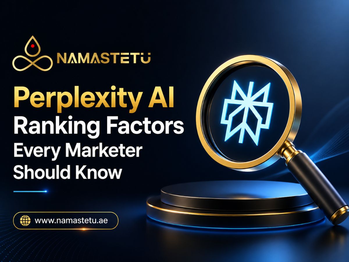 Digital marketing and AI search optimization concept showing key Perplexity AI ranking factors that influence content visibility, authority, relevance, and search performance.