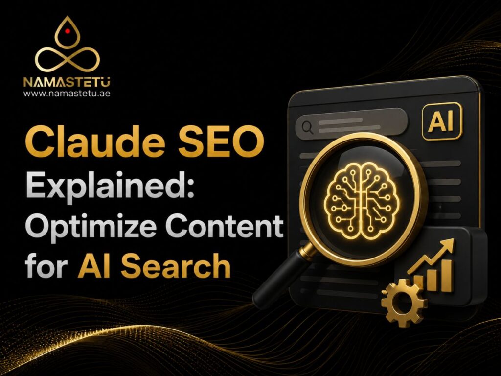 Claude SEO optimization concept showing AI-powered content strategies, semantic search, content authority, and website optimization for improved AI search visibility.