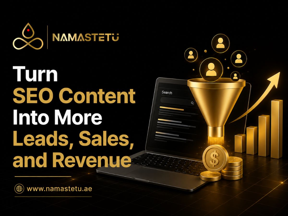 SEO content marketing strategy illustration showing increased website traffic, lead generation, sales growth, and revenue through optimized content and search visibility.
