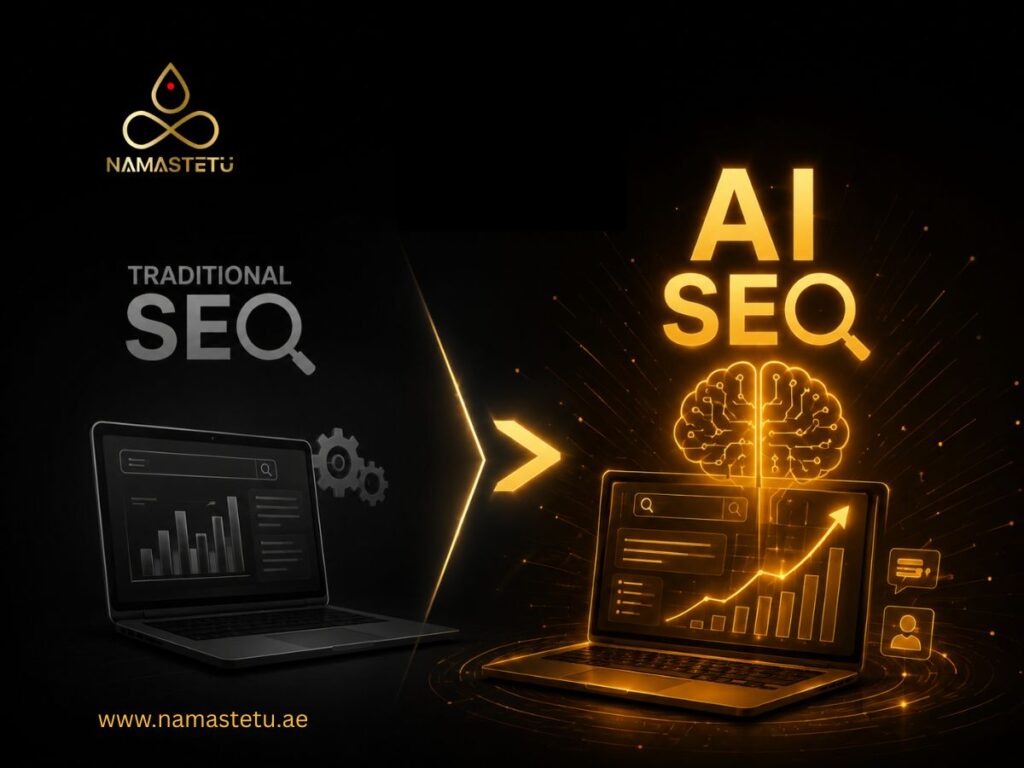 Comparison concept showing AI SEO importance over traditional SEO in 2026, highlighting AI-driven search optimization, content relevance, and modern ranking strategies.
