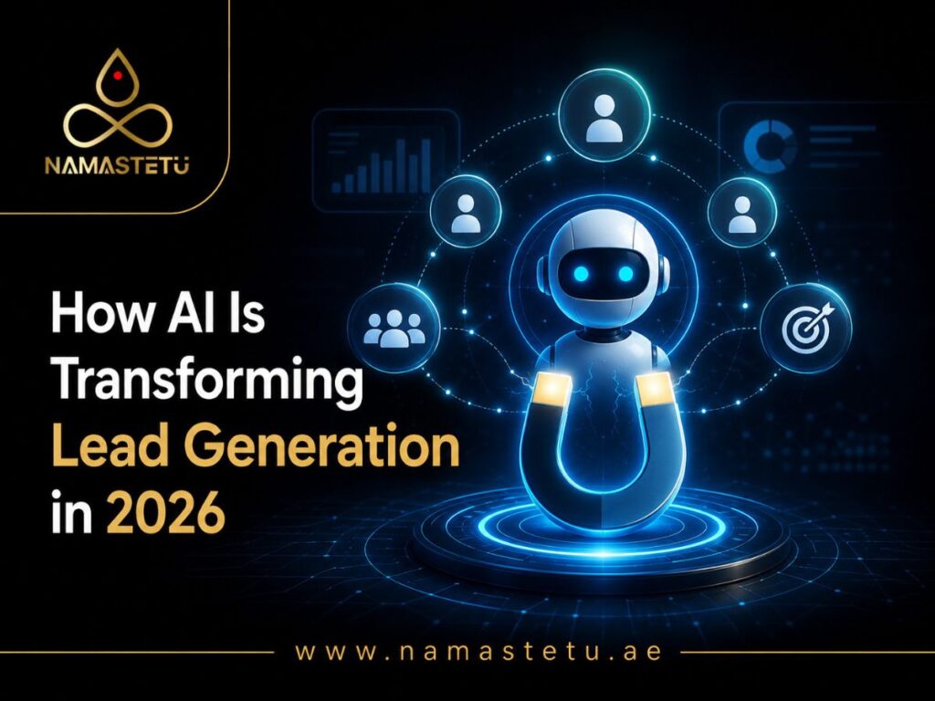 Alt Text: AI-powered lead generation dashboard showing automated customer targeting, predictive analytics, chatbot interactions, and digital marketing performance metrics in 2026.