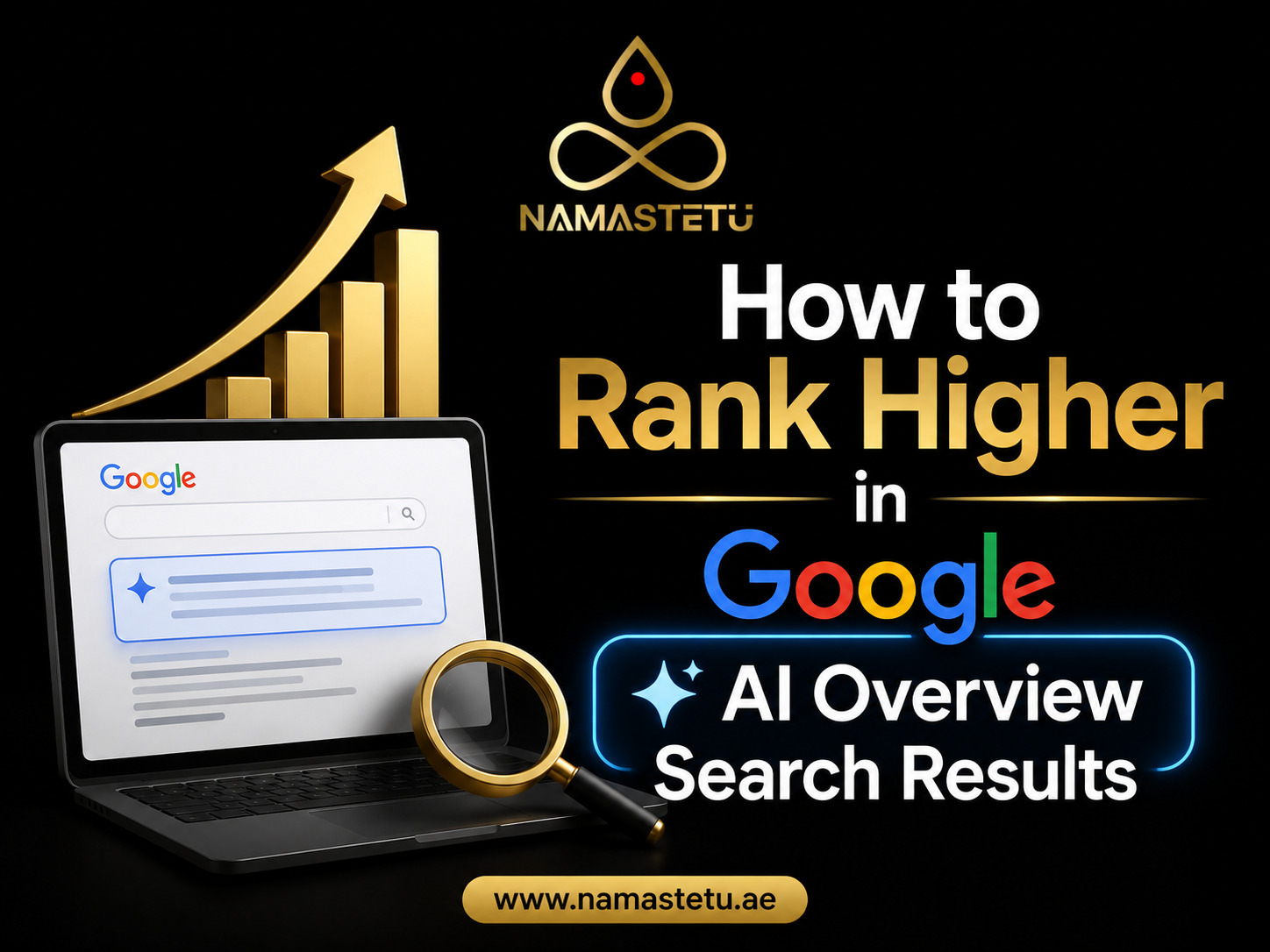 Guide illustrating strategies to rank higher in Google AI Overview search results, featuring AI-powered search optimization concepts, SEO analytics, and digital marketing insights.