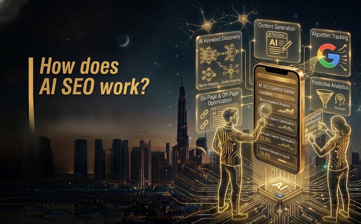 AI SEO workflow showing artificial intelligence analyzing keywords, user intent, content optimization, search rankings, and website performance for improved organic visibility.