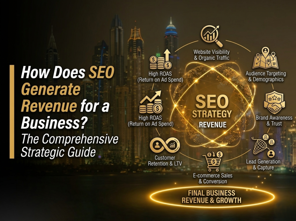 Illustration showing how SEO generates business revenue through higher search rankings, increased website traffic, lead generation, conversions, and long-term business growth.