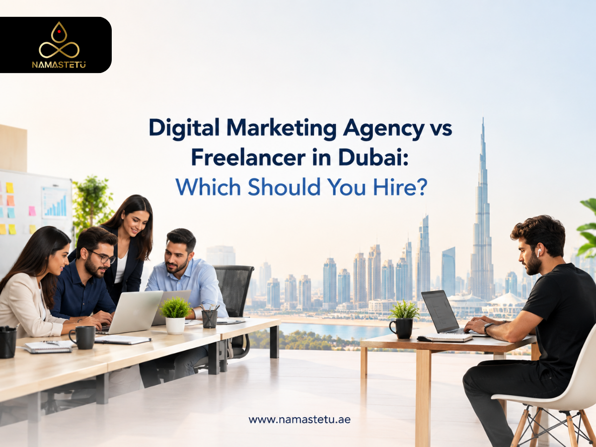 A professional blog image comparing the benefits and considerations of hiring a digital marketing agency versus a freelancer in Dubai.