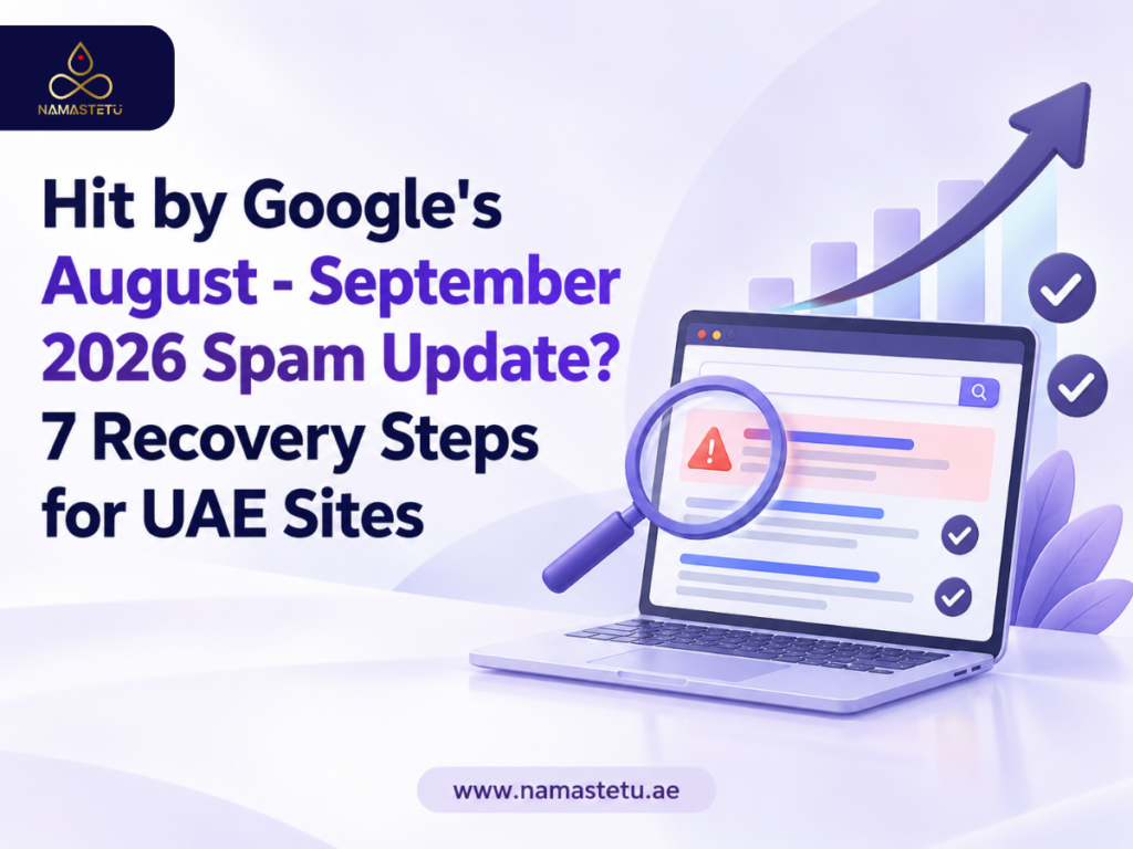 Illustration announcing that Google’s August–September 2026 spam update could affect UAE websites, shown with a rising arrow and a laptop displaying analytics.