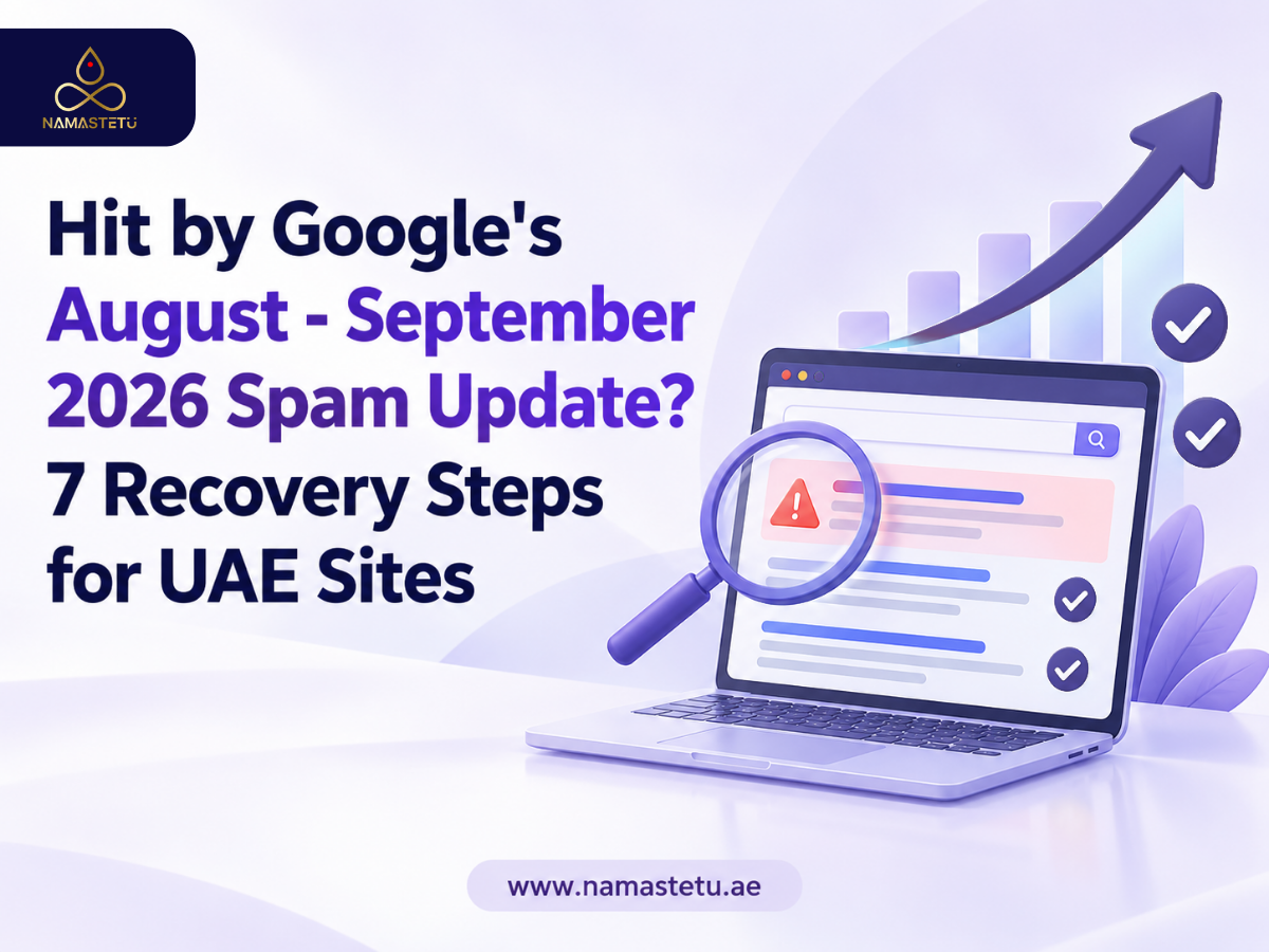 Illustration announcing that Google’s August–September 2026 spam update could affect UAE websites, shown with a rising arrow and a laptop displaying analytics.