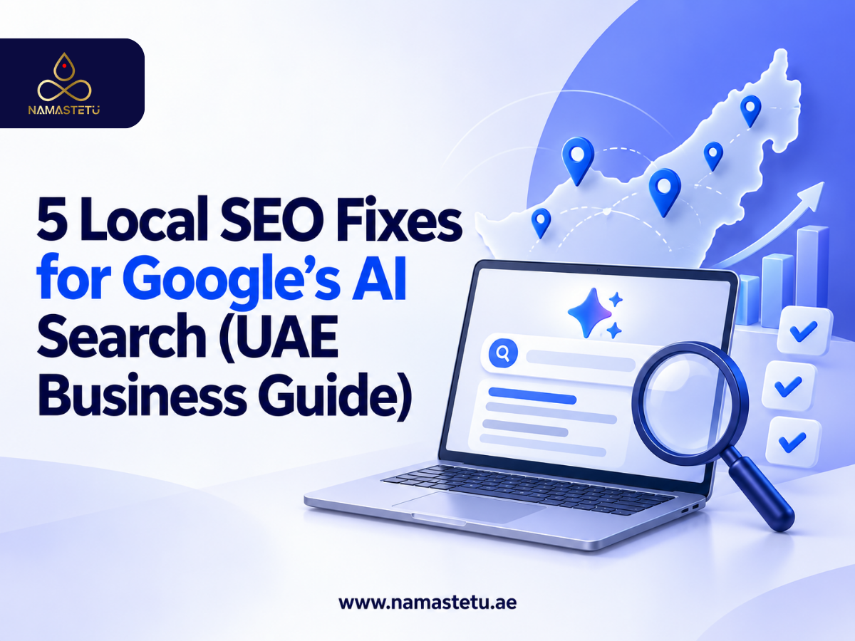 Illustration for a guide to five local SEO fixes for Google’s AI search, featuring a magnifying glass, search results, and upward-trending analytics.