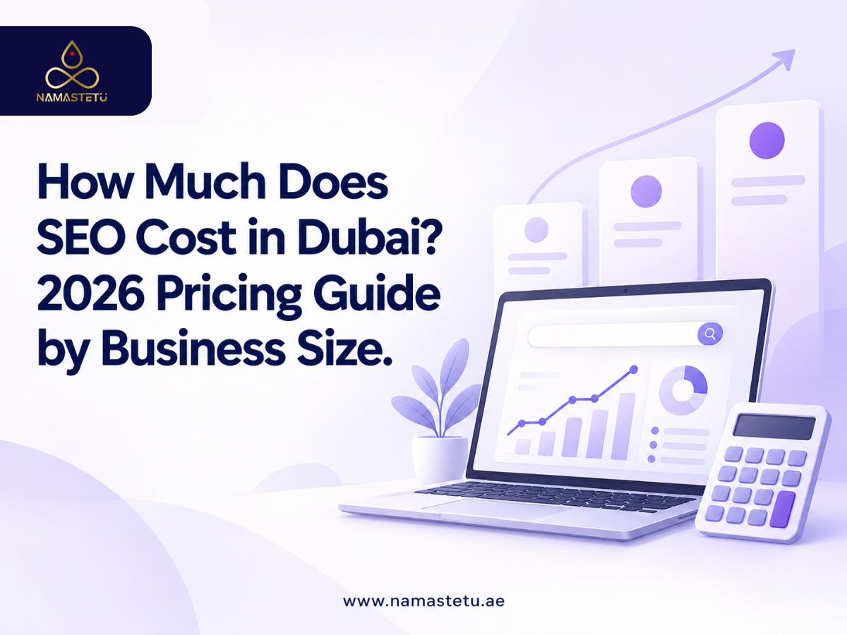 Illustration for a guide to how much SEO costs in Dubai in 2026, with a laptop displaying analytics, a calculator, and rising charts.