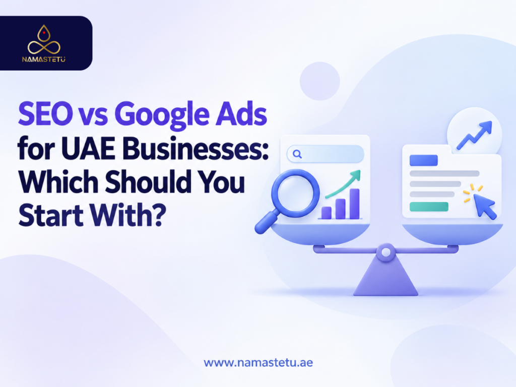 Illustration comparing SEO and Google Ads for UAE businesses, with a desktop monitor displaying charts and a rising arrow.
